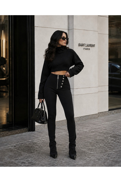 Kedi Fashion Kadın Siyah Toparlayıcı Fermuar Detaylı Düğmeli Tasarım Paçası Y...