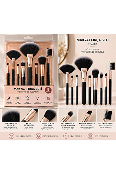 LUNARE Set de 8 pensule profesionale pentru machiaj – ROSE GOLD Pensule pentr...