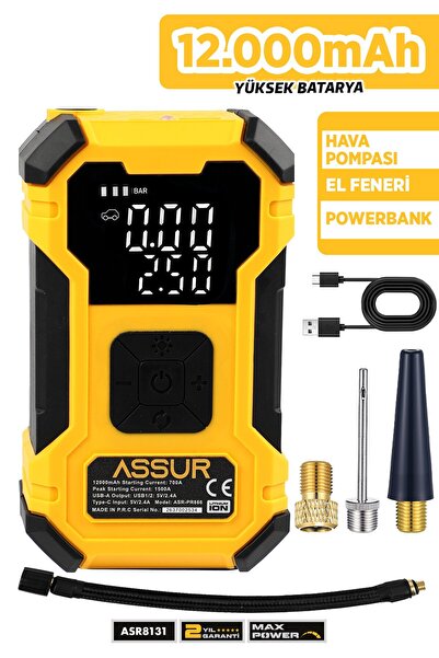 ASSUR 12.000 mAh Oto Kompresör| Hava Kompresörü | Powerbank | Led Işık |