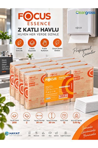 Focus Essence Z Katlı Kağıt Havlu 2 Katlı 200 Yaprak 20x20 cm 12 Paket 2400 Y...