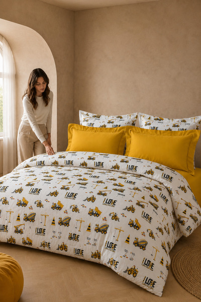 İş Makinesi %100 Pamuk King Size 220x240 Nevresim Takımı | 180x200x30 Lastikli Çarşaf + 4 Yastık
