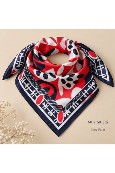 Aquasis Women's Satin Scarf 60X60 cm |   Navy Blue Red Patterned Square Scarf, Neck Hair Bag Accessory – Coral
