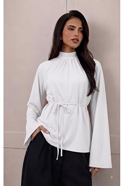 Moda Lounge بلوزة نسائية نصف ياقة على شكل حرف U مع حزام رفيع وأكمام إسبانية
