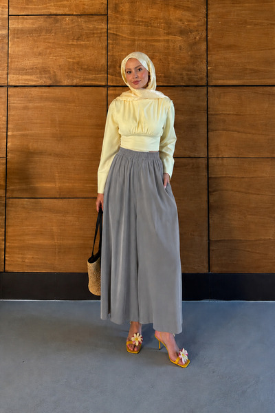 Miss Allos Beli Lastikli Geniş Paça Dökümlü Tensel Kumaş Etek Görünümlü Pantolon