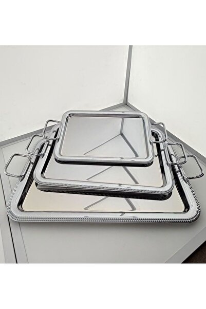 aljahwari 3-Piece Shiny Silver Serving Tray Set