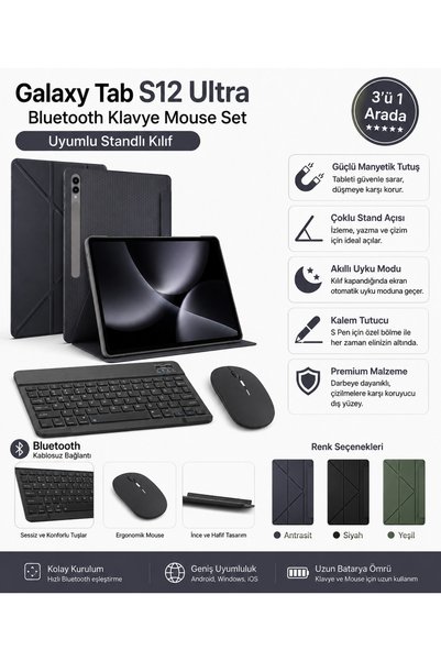 EHZ TEKNOLOJİ Galaxy Tab S12 Ultra Uyumlu Bluetooth Klavye Mouse Seti Standlı...