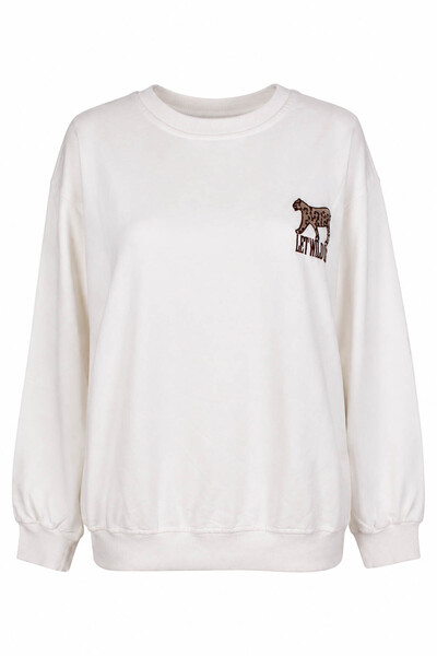 trender Lamb Embroidery O-Neck Ecru Women's Sweatshirt 27Kdt1000025