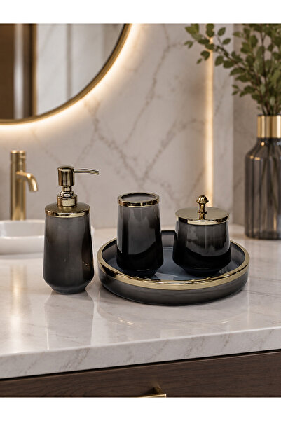 Hinora Smoked Black Glass Gold Detailed 4 Piece Bathroom Accessory Set