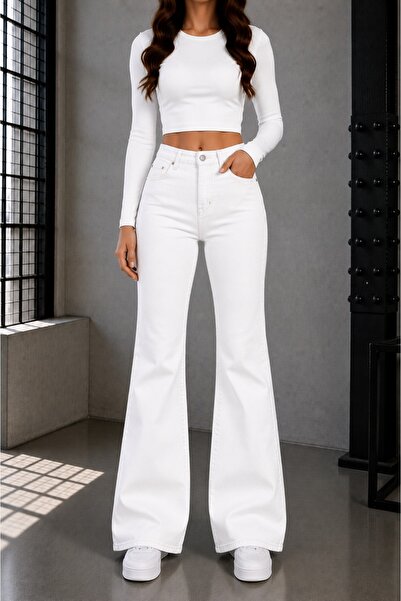DRC trend Maelle Women's White Spanish Flare Jeans Women's Lycra High Waist F...