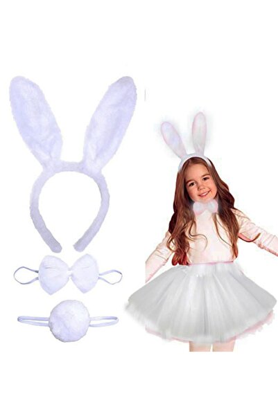 evimdeyokyok Rabbit Crown Skirt, Bow Tie and Tail Costume Set, White Color, C...