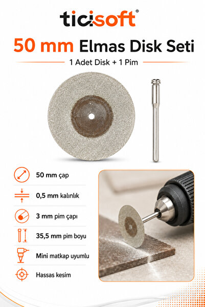 Ticisoft 50 mm Elmas Kesme Disk Seti 0,5 mm İnce Disk + 1 Adet 3 mm Pim Mini ...