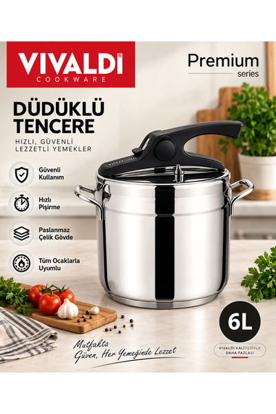 Vivaldi Premium 6 L Paslanmaz Çelik Düdüklü Tencere
