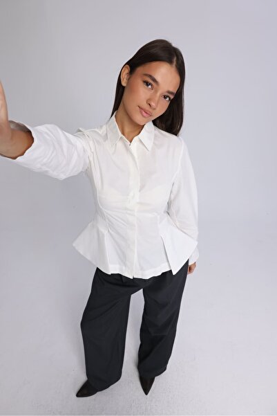 IDA Collection Women's White Waist Accent Corset Formed Long Sleeve Shirt