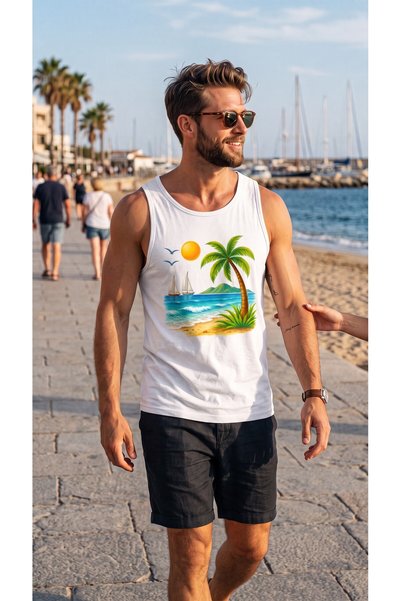 AHMERA White Men's Beach Printed No1 Regular Fit Sleeveless Basic T-Shirt