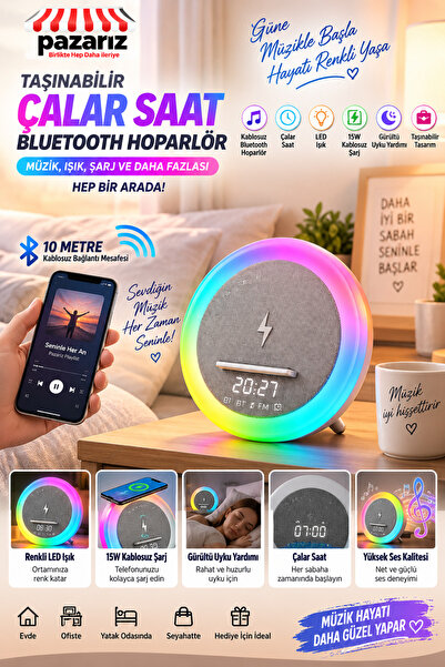 pazariz Taşınabilir Çalar Saat Bluetooth Hoparlör 15W Kablosuz Şarj LED Işık, Beyaz Gürültü Uyku Yardımı, Müzik Çalar, Dijital Alarm Saat, RGB Gece Lambası