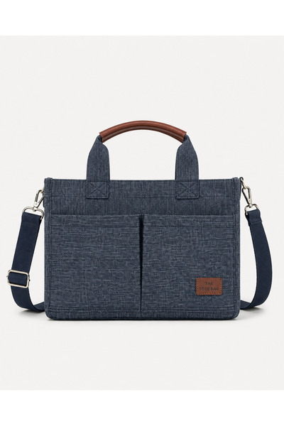 Kadın Denim Mavisi Kanvas Tote Çanta Uzun Askılı Çok Cepli