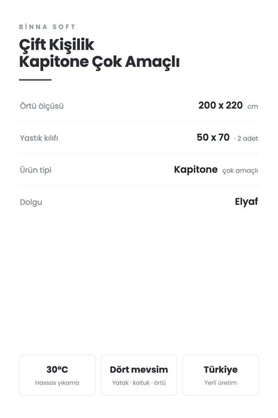 Binna Soft Kapitone Çok Amaçlı Çift Kişilik Yatak Örtüsü ve 2 Yastık Kılıfı Seti 200x220 cm
