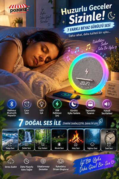 pazariz Taşınabilir Çalar Saat Bluetooth Hoparlör 15W Kablosuz Şarj LED Işık, Beyaz Gürültü Uyku Yardımı, Müzik Çalar, Dijital Alarm Saat, RGB Gece Lambası