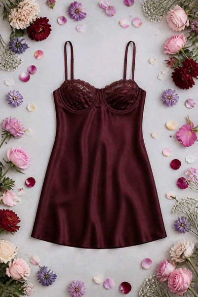hies Burgundy Color Satin Nightgown with Lace Detail on the Chest