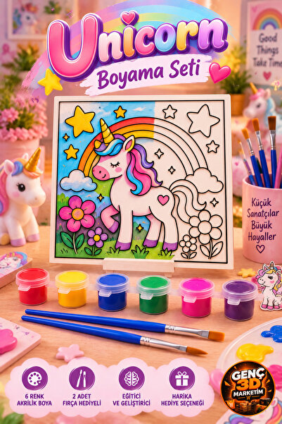 Genç 3D Unicorn Boyama Seti Tekli + 6 Renk Akrilik Boya Ve 2 Fırça Hediyeli E...