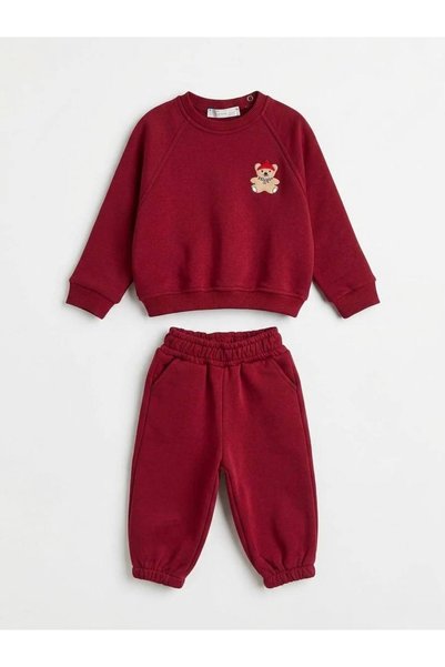 Laciel Prs Unisex Kids' Cotton Teddy Bear Embroidered Burgundy Sweatshirt and Sweatpants Set