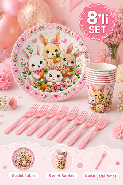 Baloncu Nene Cute Rabbit Themed Birthday Party Set for 8 People, 24 Pieces, C...