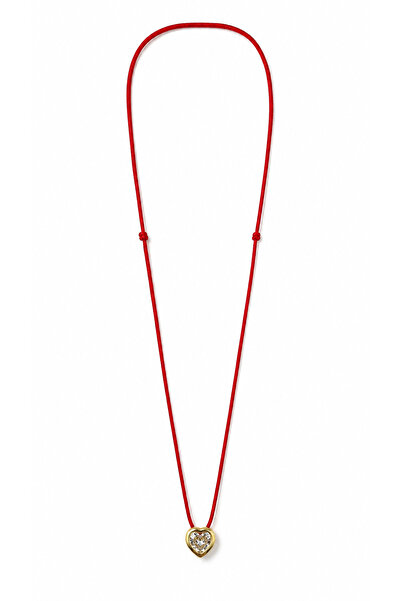Stelle Jewelry Kadın Kırmızı İp Kolye – Gold Renk Kalp Taşlı 45 cm Zarif Kolye