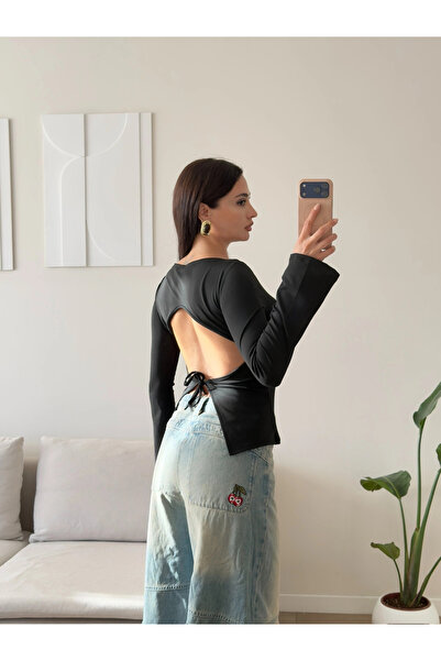 Zoom Butik Sırt Dekolteli Bağlamalı Bluz - SİYAH