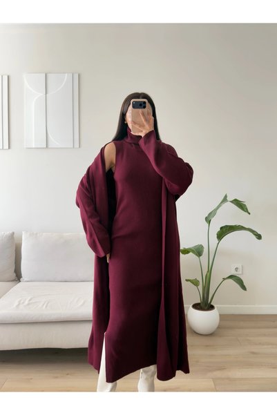Zoom Butik Premium Hırkalı Triko Elbise Takım - BORDO