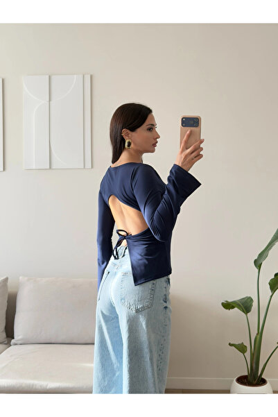 Zoom Butik Sırt Dekolteli Bağlamalı Bluz - LACİVERT