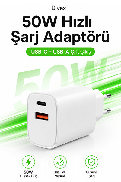 Divex 50W Hızlı Şarj Adaptörü – USB-C ve USB-A Çift Çıkışlı, QC 3.0 ve PD Des...