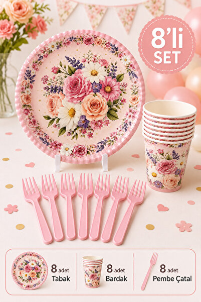 Baloncu Nene Flower Themed Birthday Party Set for 8 People, 24 Pieces, Cardbo...