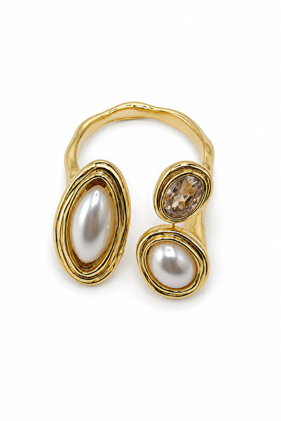 Stelle Jewelry Women's Gold Color Steel Adjustable Ring – Triple Design with Pearl and Zircon Stone Detail