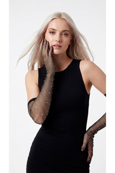 Mortex Black Stone Detailed Long Mesh Women's Gloves – Accessory for Wedding, Engagement, Henna Night, Prom, Event, Party, Costume, Graduation, Bachelorette, and Photo Shoot