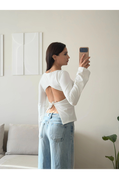 Zoom Butik Sırt Dekolteli Bağlamalı Bluz - BEYAZ