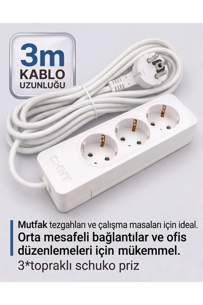 chint 3'lü Topraklı Grup Priz Uzatma Kablosu Beyaz 3 Metre