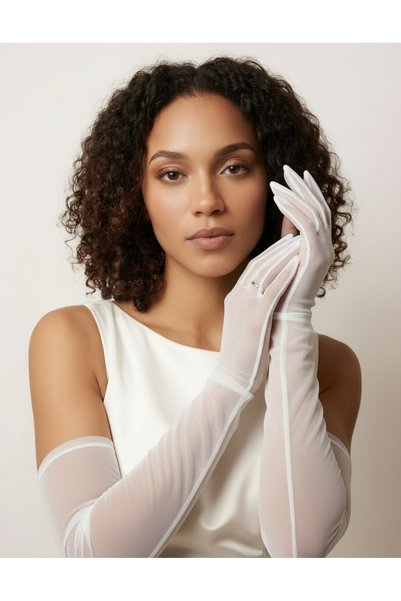 Mortex White Plain Tulle Long Women's Gloves – Accessory for Wedding, Engagement, Nikkah, Henna Night, Prom, Event, Party, Costume, Graduation, Bachelorette, and Photo Shoot