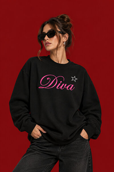 Dupe Design Diva Written Women's Oversize Black Sweatshirt with Pink Print an...