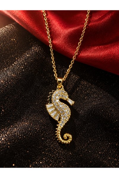 İNCİ sepette Steel Necklace Seahorse Zircon Stone Stainless Steel Necklace