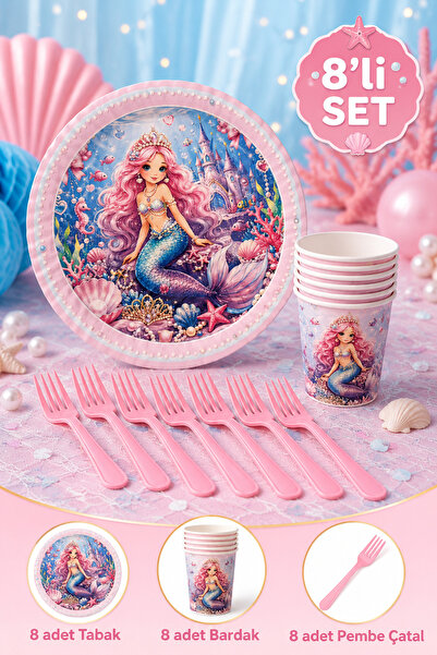 Baloncu Nene Mermaid Themed Birthday Party Set for 8 People, 24 Pieces, Cardb...