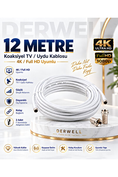 Derwell 12 Metre 4K Full HD Koaksiyel TV Uydu Anten Kablosu Seti - Güçlü Sinyal Aktarımlı Dayanıklı Televizyon Kablosu - Lnb Alıcı Uyumlu Yüksek Kalite Beyaz