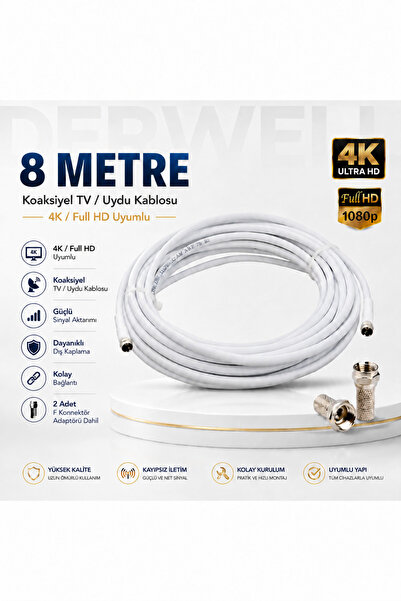 Derwell 8 Metre 4K Full HD Koaksiyel TV Uydu Anten Kablosu Seti - Güçlü Sinyal Aktarımlı Dayanıklı Televizyon Kablosu - Lnb Alıcı Uyumlu Yüksek Kalite Beyaz