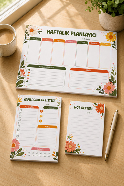 HOPE DİZAYN Retro Çiçekli 3’lü Planlayıcı Bloknot Seti A4 A5 A6