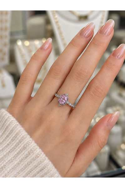 vogutima Kadın 925 Ayar Gümüş Yüzük – Pembe Oval Zirkon Taşlı Vintage Rhodium...