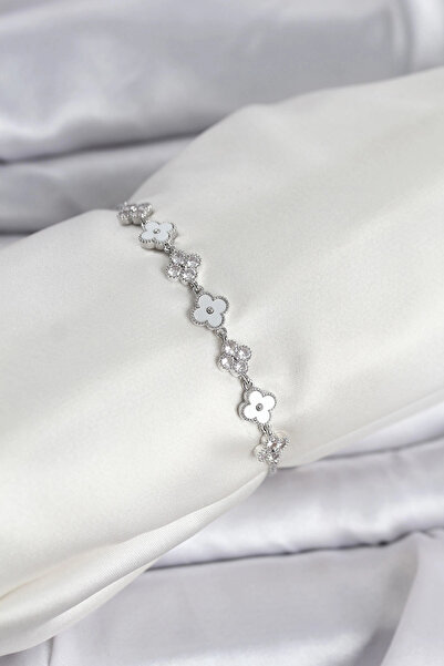 ARMÜZ Silver Color Zircon Stone Row Clover Model Women's Bracelet with Elevat...