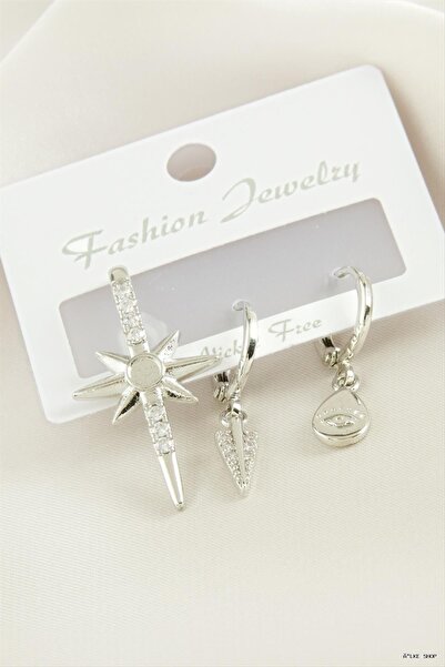 ZERO LAND Ilkestor 3 Pieces Star Zircon Stone Earrings (231405) Silver Color