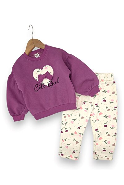 voyyo kids baby طقم بدلة رياضية شتوية للبنات بثلاثة خيوط مطرزة على شكل قلب لل...