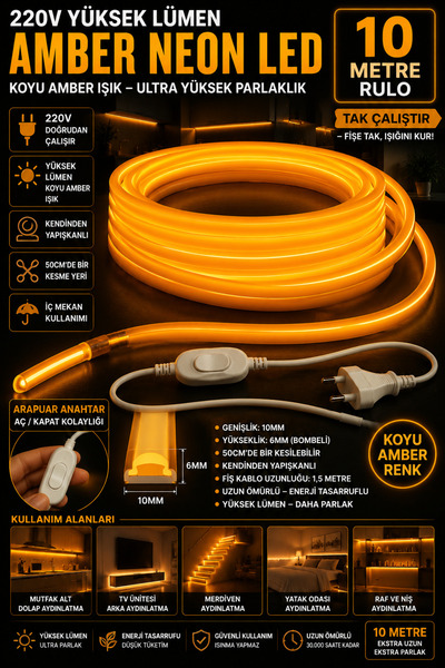 ECONA 10 METRE AMBER 220V Neon LED Şerit ,Tak Çalıştır Set, Fişli Anahtarlı E...
