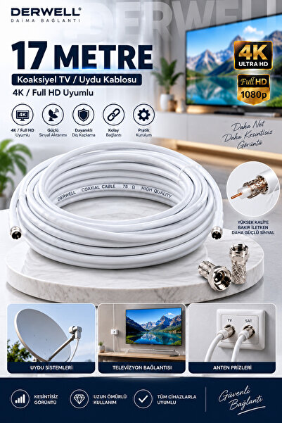 Derwell 17 Metre 4K Full HD Koaksiyel TV Uydu Anten Kablosu Seti - Güçlü Sinyal Aktarımlı Dayanıklı Televizyon Kablosu - Lnb Alıcı Uyumlu Yüksek Kalite Beyaz