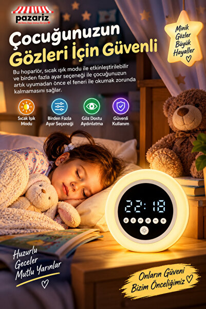 pazariz Çalar Saatli Bluetooth Hoparlör, RGB LED Gece Lambası, FM Radyo, Zamanlayıcı, Dokunmatik ve Ayarlanabilir Işık, USB Şarjlı Dijital Alarm Saati P12
